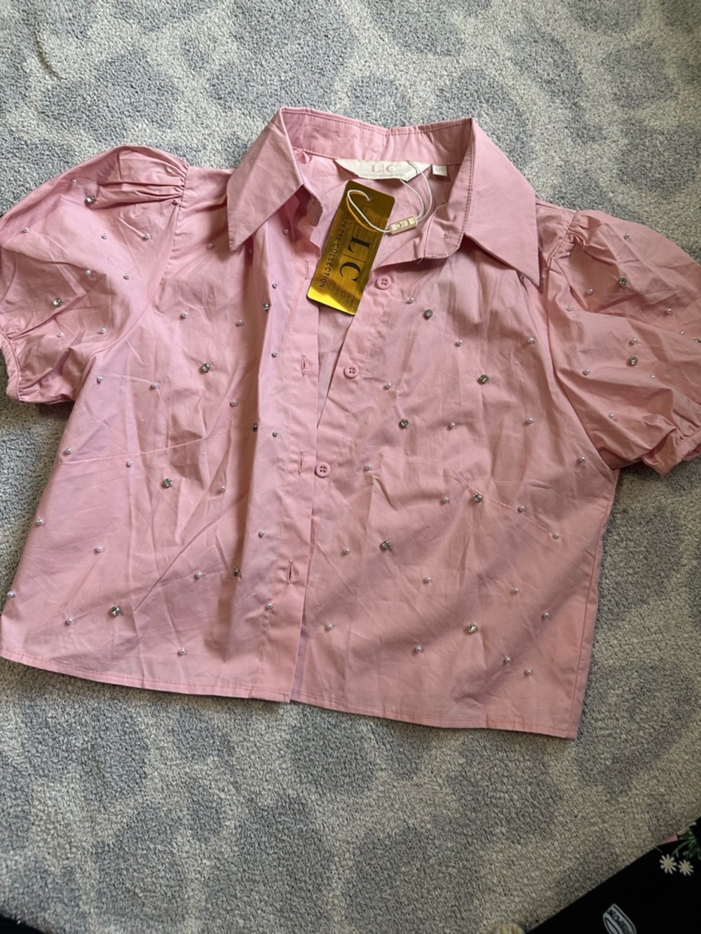Pink Puff Sleeve Button-Up Top with Rhinestone Embellishment